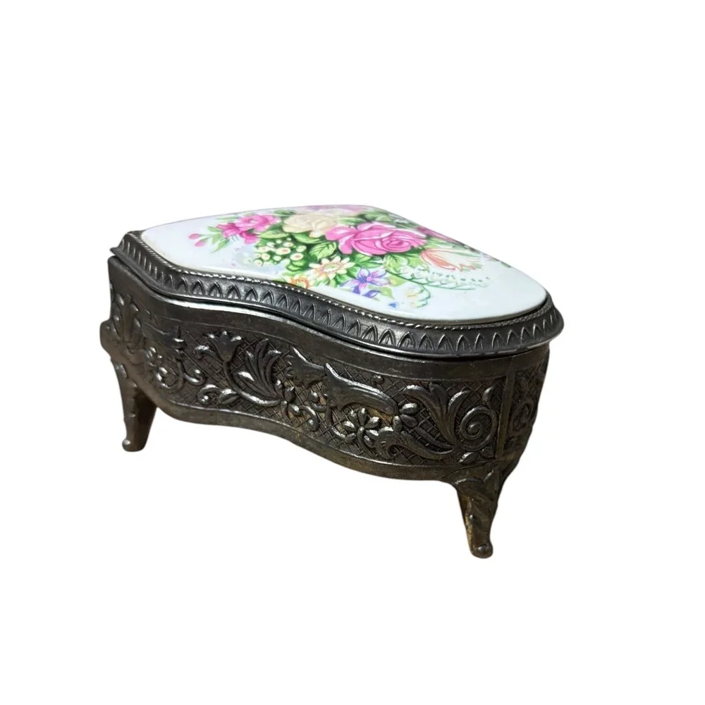 Vintage Grand Piano Music Box Jewelry Trinket Case Floral Porcelain Inlay Silver